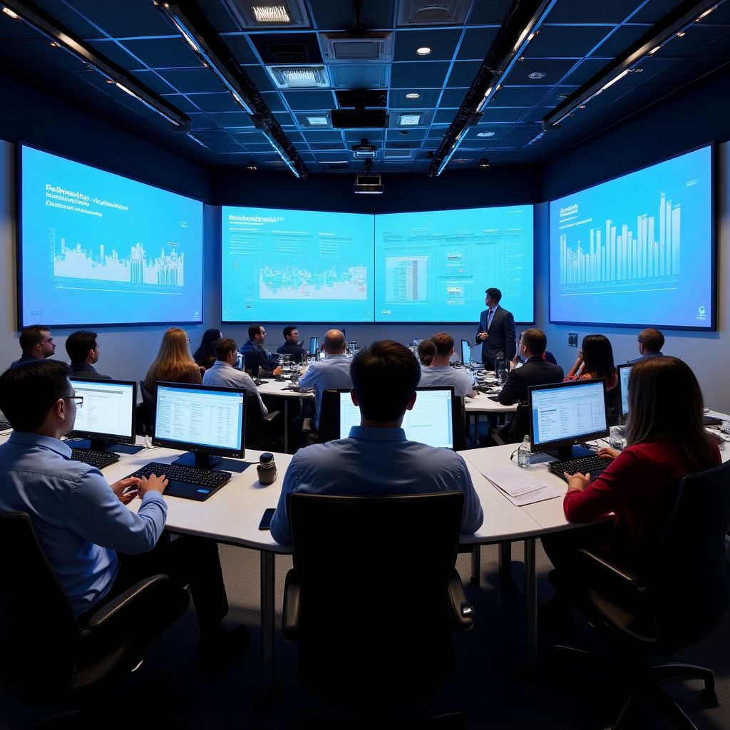sala de capacitación educación financiera con pantallas y material didáctico