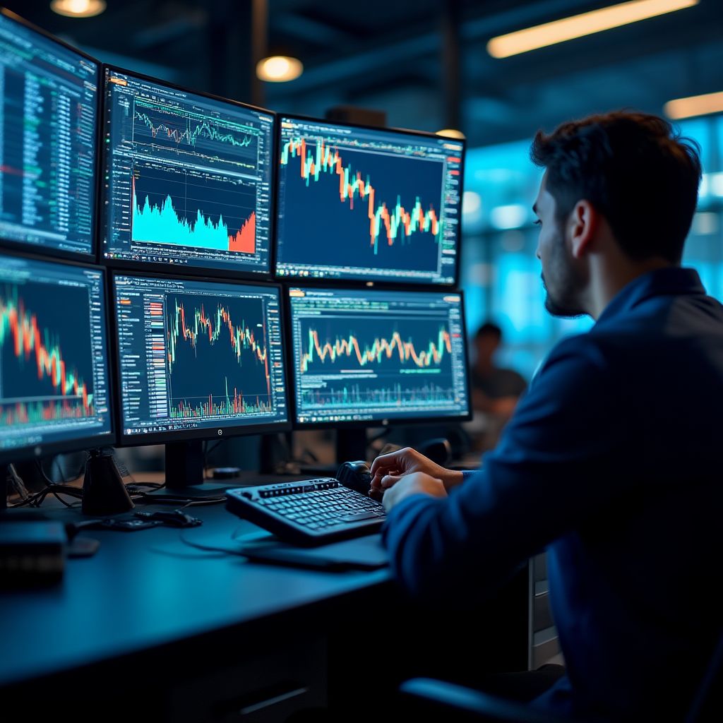 centro de análisis financiero con múltiples monitores mercados tiempo real